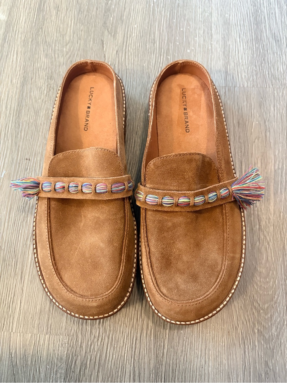 Women's Lucky Brand Sunbeam Brown Suede Leather Slide-ins w/Cork Bottoms Size 10
